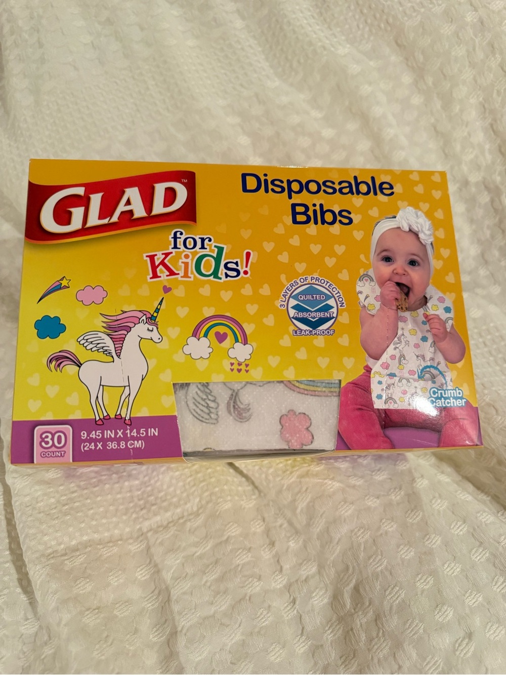 Kids Disposable Bibs — Yellow Packaging with Unicorn Print (30 Count)